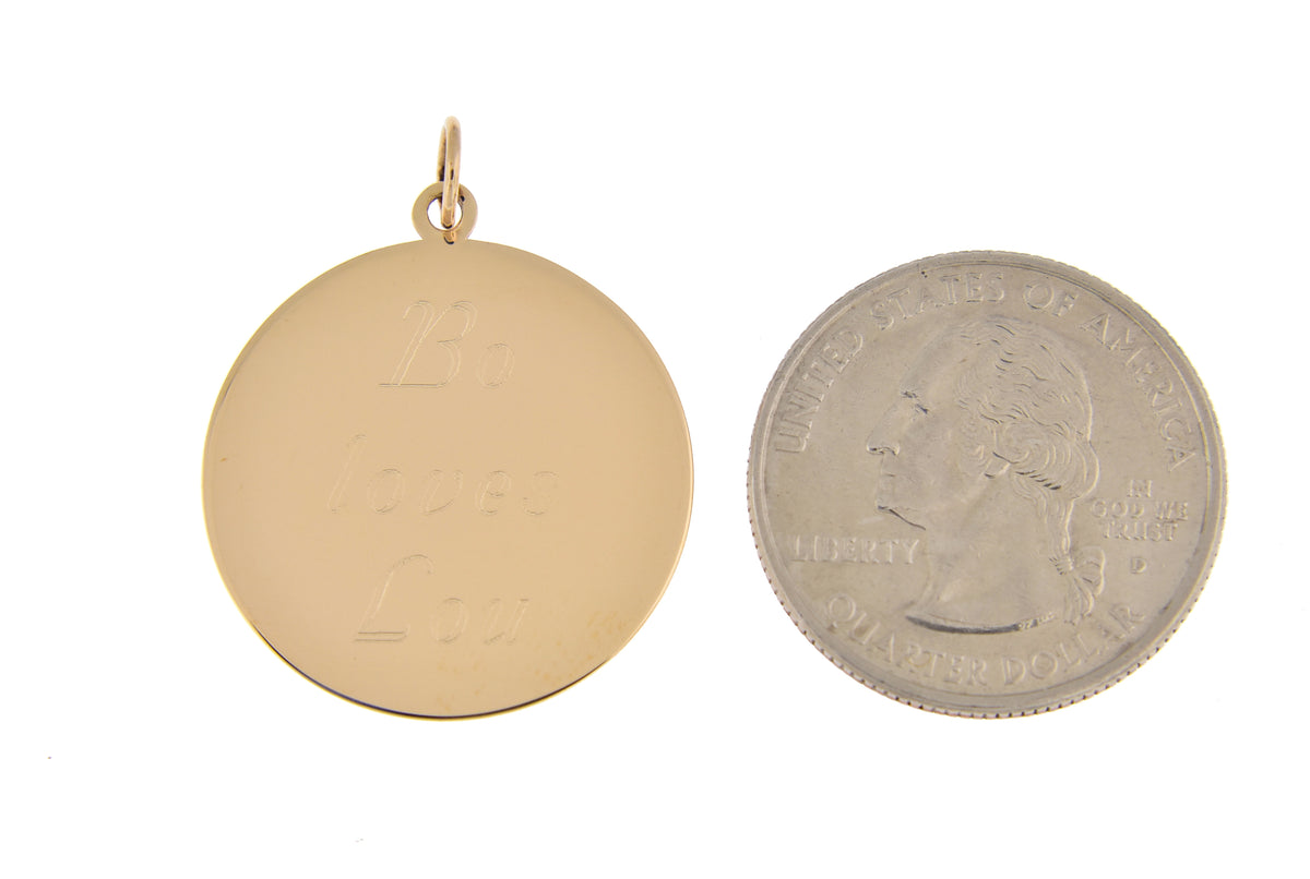 14k yellow gold 25mm round disc pendant charm letter initial engraved personalized monogram