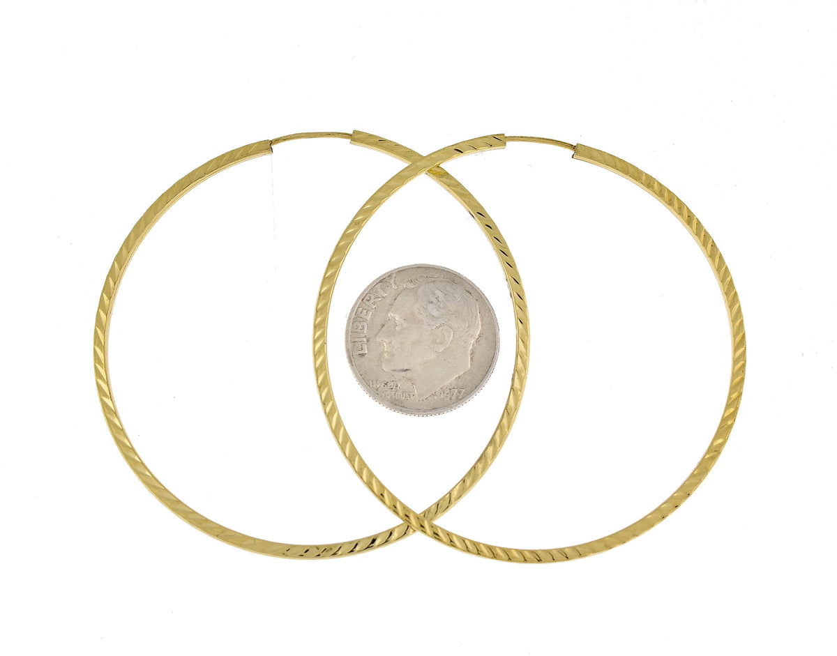 14k yellow gold diamond cut square tube round endless hoop earrings 50mm x 1.35mm