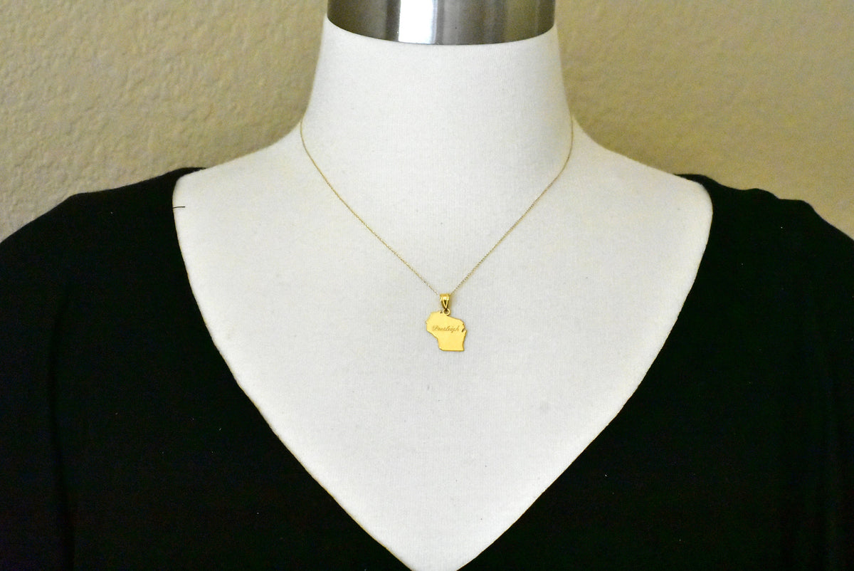 14k gold or sterling silver wisconsin wi state map pendant charm personalized monogram