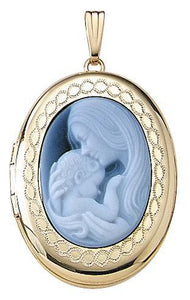 14k Yellow Gold Mother Child Blue Agate Cameo Oval Locket Pendant Charm Engraved Personalized