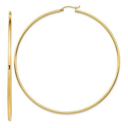 14k yellow gold extra large diameter 80mm x 2mm classic round hoop earrings 3.15 inches giant size super wide