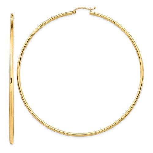 14k yellow gold extra large diameter 80mm x 2mm classic round hoop earrings 3.15 inches giant size super wide