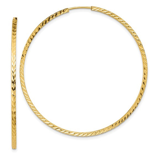 14k yellow gold diamond cut square tube round endless hoop earrings 50mm x 1.35mm