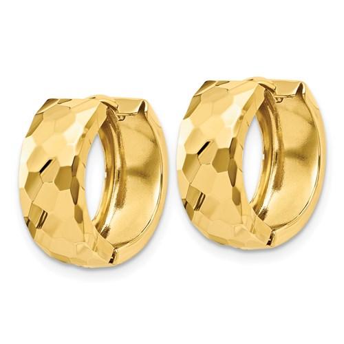 14k yellow gold faceted textured huggie hinged hoop earrings 15mm x 5mm