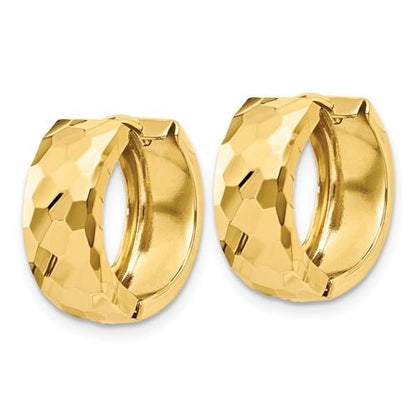 14k yellow gold faceted textured huggie hinged hoop earrings 15mm x 5mm