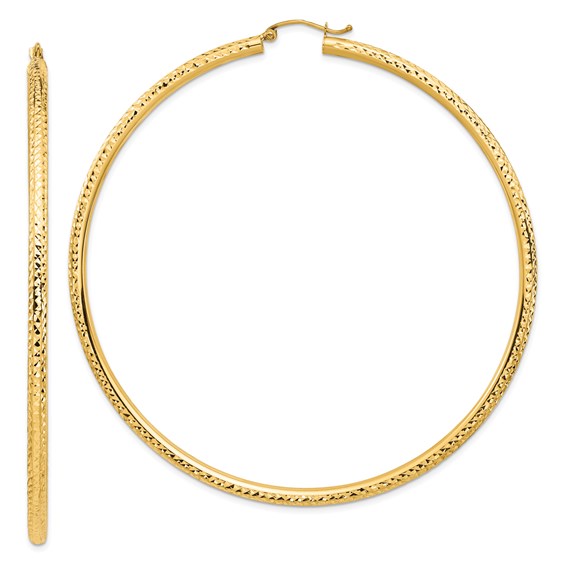 14k yellow gold 3 inch diameter extra large giant gigantic diamond cut round classic hoop earrings lightweight 78mm x 3mm