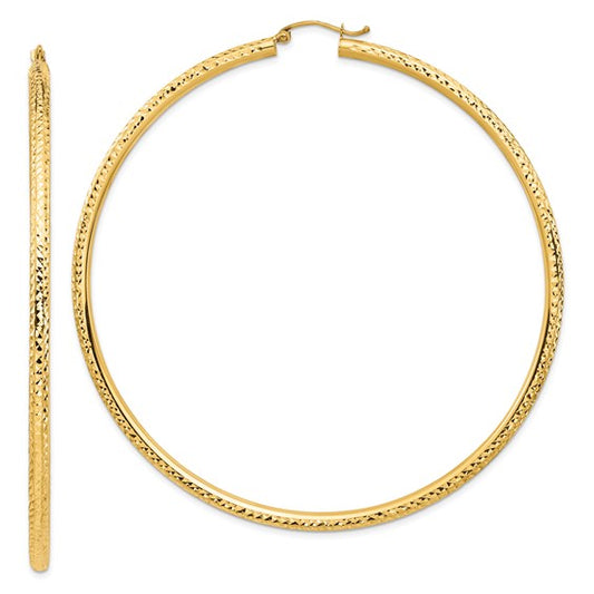 14k yellow gold 3 inch diameter extra large giant gigantic diamond cut round classic hoop earrings lightweight 78mm x 3mm