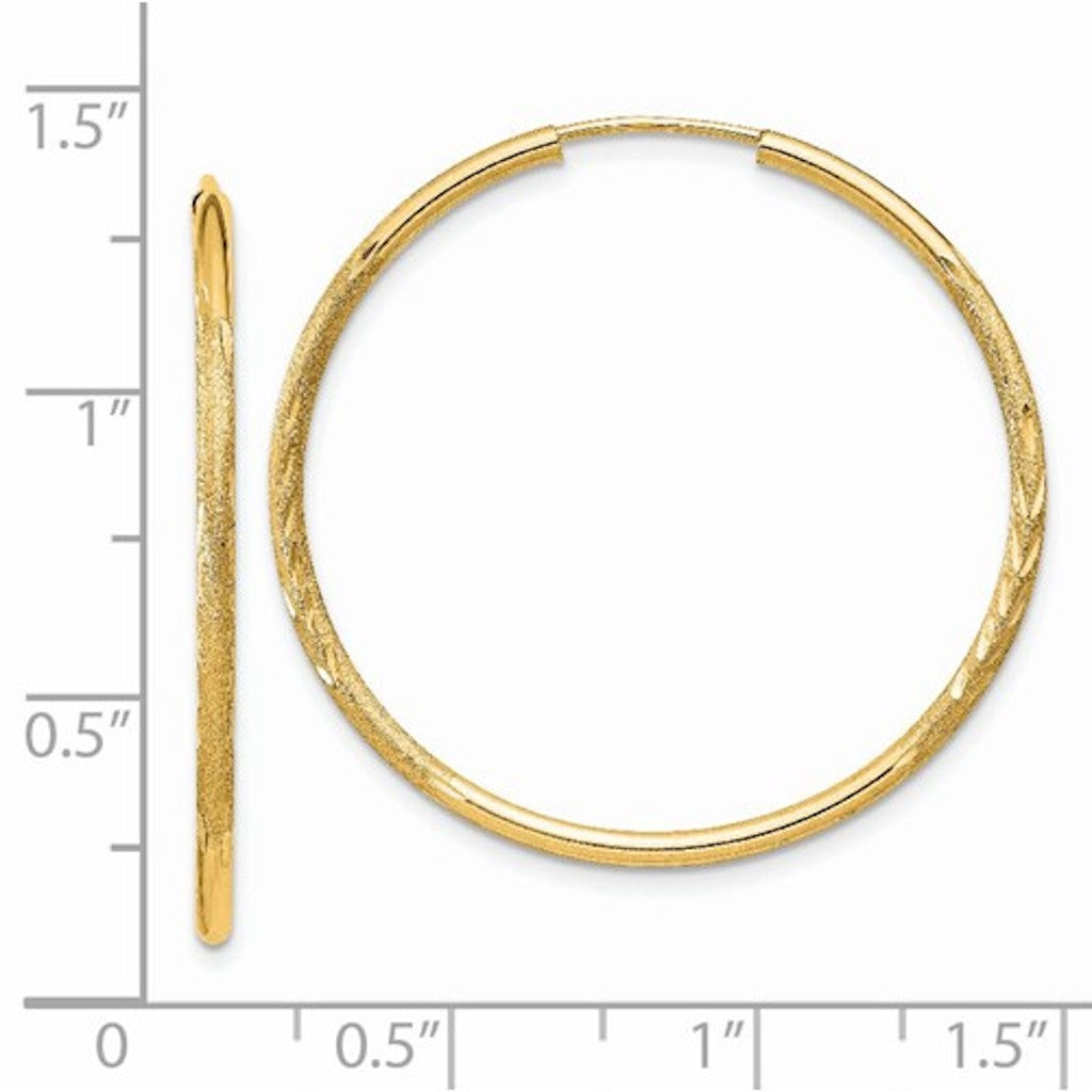 14k yellow gold satin diamond cut endless round hoop earrings 30mm x 1.5mm