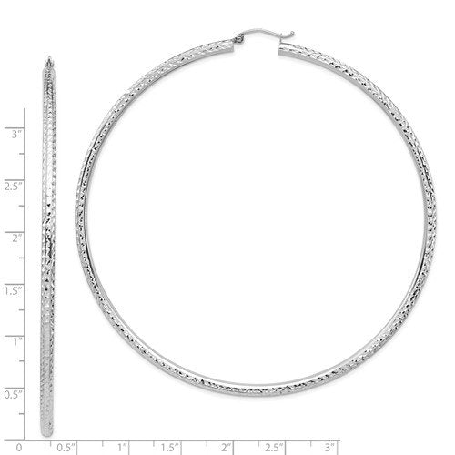 14K White Gold 3.35 inch Diameter Extra Large Giant Gigantic Diamond Cut Round Classic Hoop Earrings Lightweight 85mm x 3mm