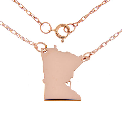 14k gold 10k gold silver minnesota mn state map necklace heart personalized city