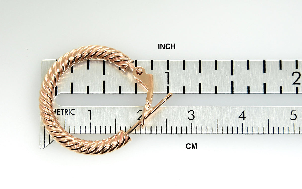 14k rose gold twisted round omega back hoop earrings 20mm x 3mm
