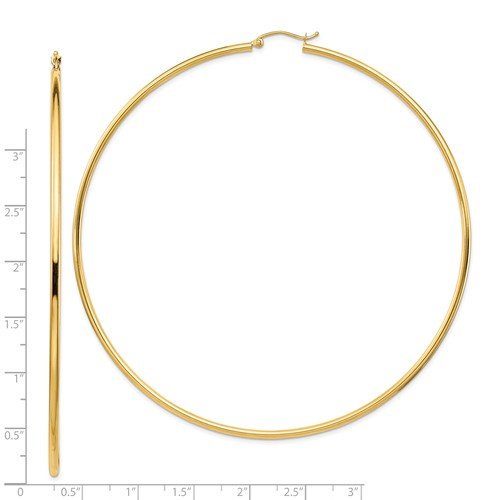 14k yellow gold extra large diameter 87mm x 2mm classic round hoop earrings 3.4 inches giant size super wide