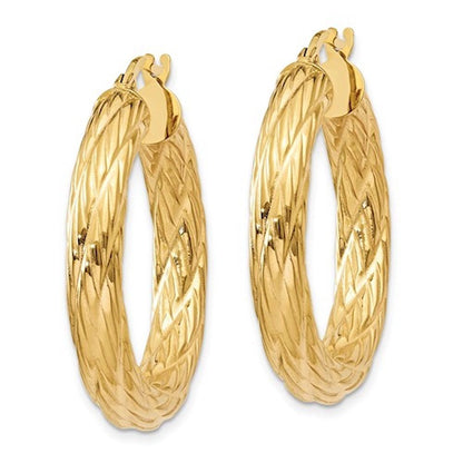 14k yellow gold textured round hoop earrings 30mm x 4.5mm