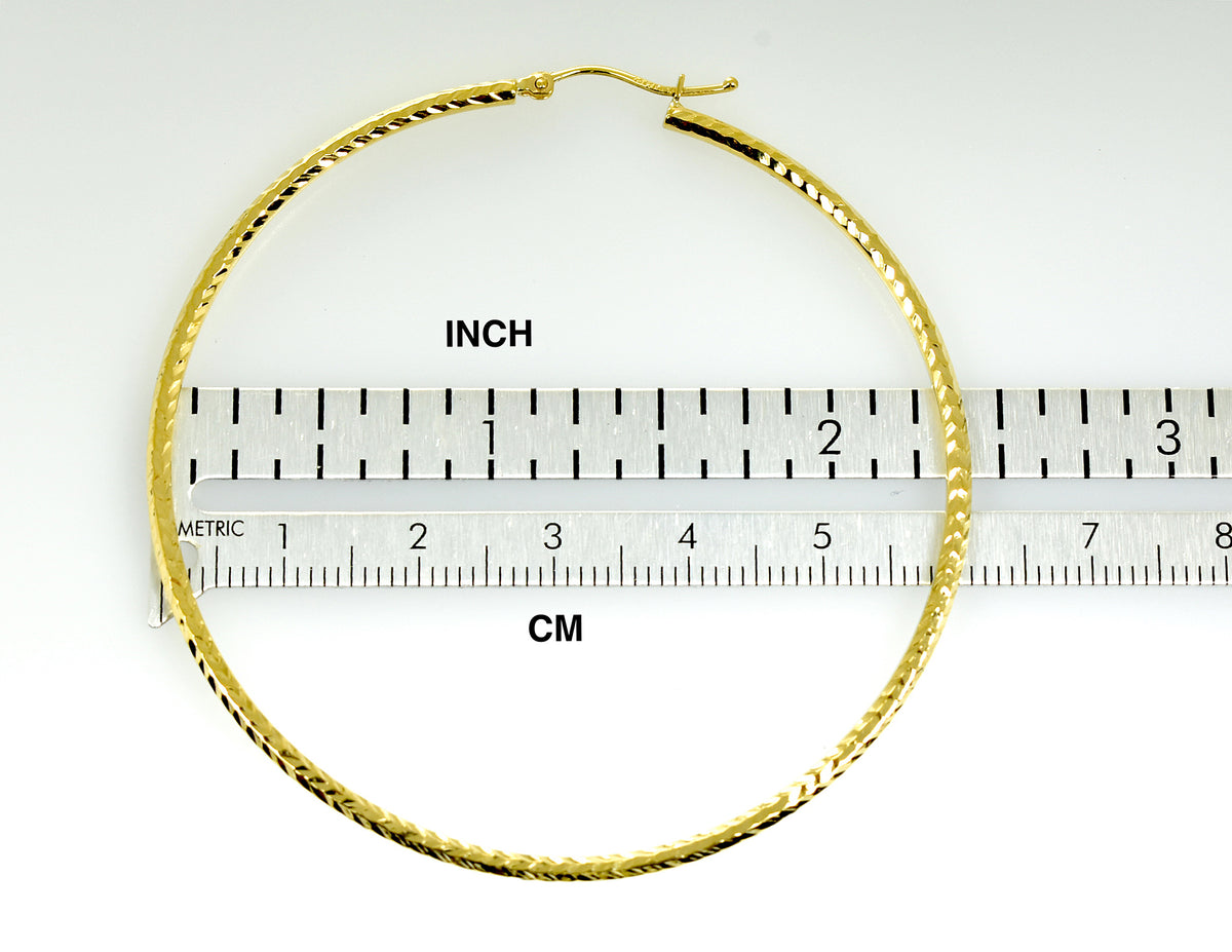 14k yellow gold diamond cut classic round hoop earrings 60mm x 2mm
