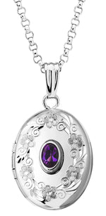 Lataa kuva Galleria-katseluun, Sterling Silver Genuine Amethyst Oval Locket Necklace February  Birthstone Personalized Engraved Monogram
