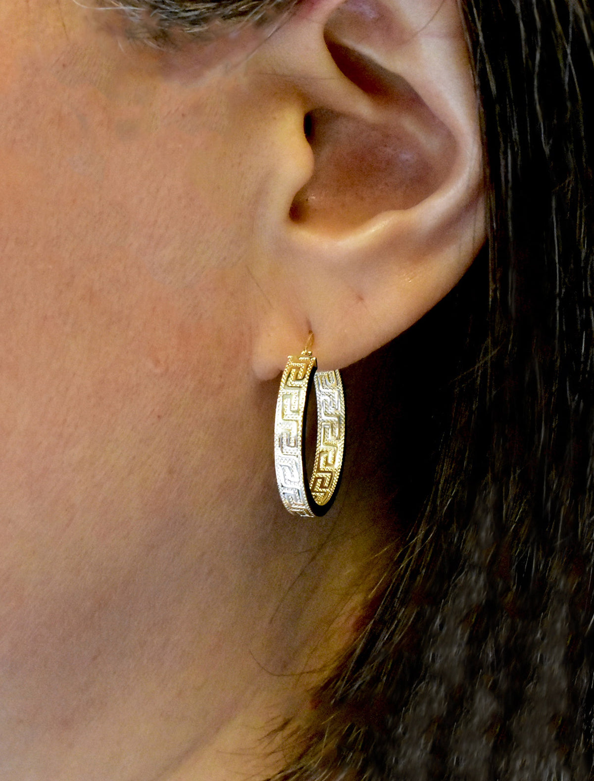 14k yellow gold greek key square tube round hoop earrings