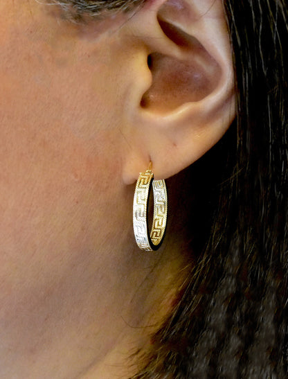 14k yellow gold greek key square tube round hoop earrings