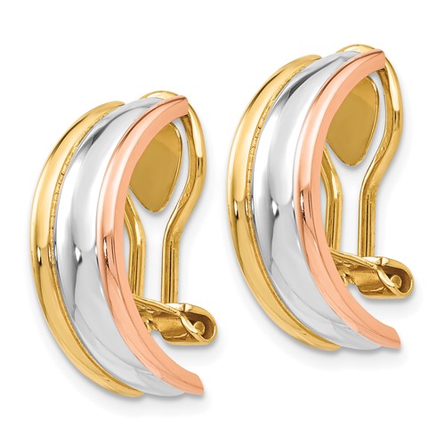 14k yellow rose white gold tri color non pierced clip on j hoop huggie earrings