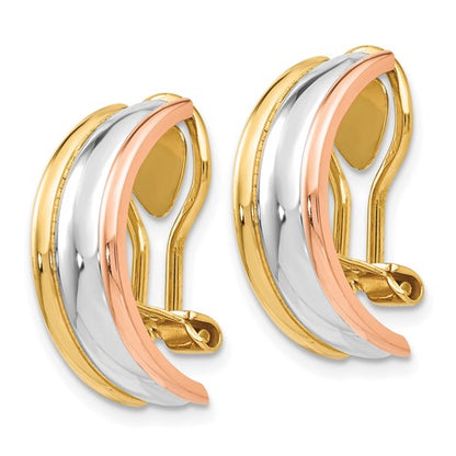 14k yellow rose white gold tri color non pierced clip on j hoop huggie earrings