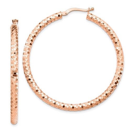 14k rose gold diamond cut round hoop earrings 43mm x 3mm
