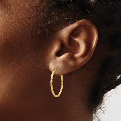 14k yellow gold twisted modern classic round hoop earrings 25mm x 2mm