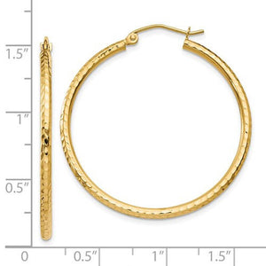 14k Yellow Gold Diamond Cut Classic Round Hoop Earrings 35mm x 2mm