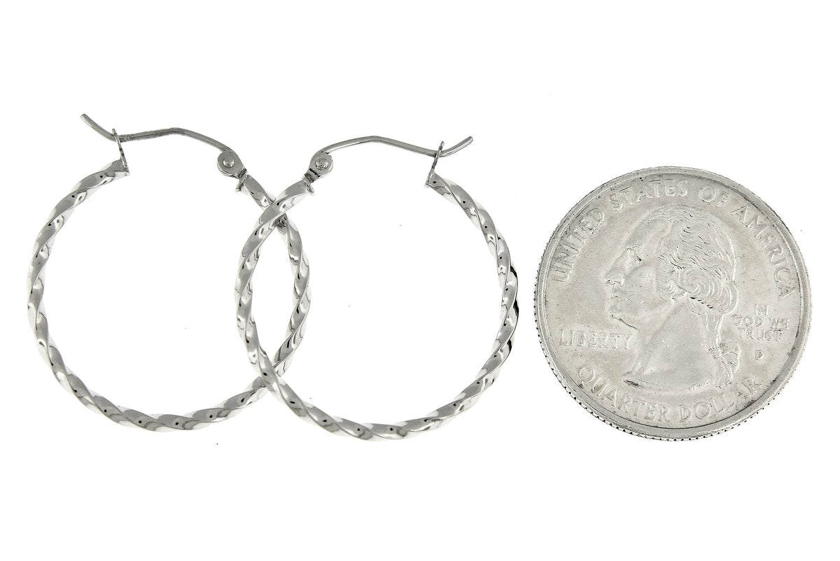 14k white gold twisted modern classic round hoop earrings 25mm x 2mm