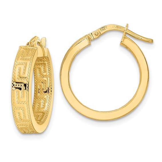 14k yellow gold greek key square tube round hoop earrings