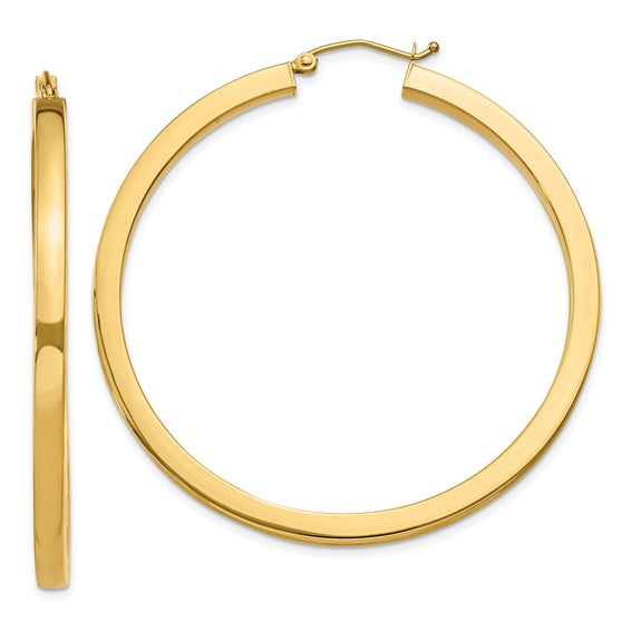 10k yellow gold classic square tube round hoop earrings 52mm x 3mm