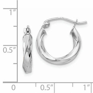 14K White Gold Twisted Modern Classic Round Hoop Earrings 15mm x 3mm