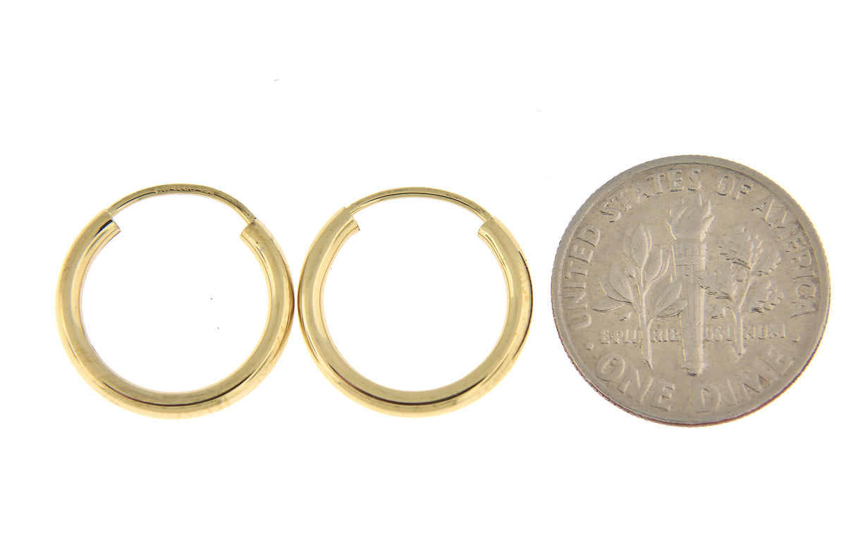 14k yellow gold round endless hoop earrings 15mm x 2mm