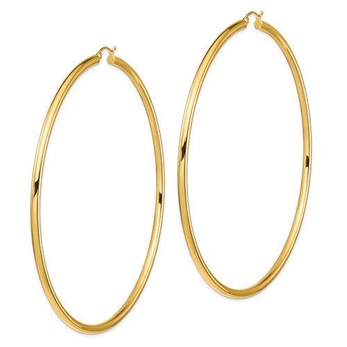 14k yellow gold 3.5 inch diameter extra large giant gigantic round classic hoop earrings 89mm x 3mm
