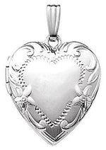 Załaduj obraz do przeglądarki galerii, 14K White Gold 19mm Floral Heart Photo Locket Pendant Charm Engraved Personalized Monogram
