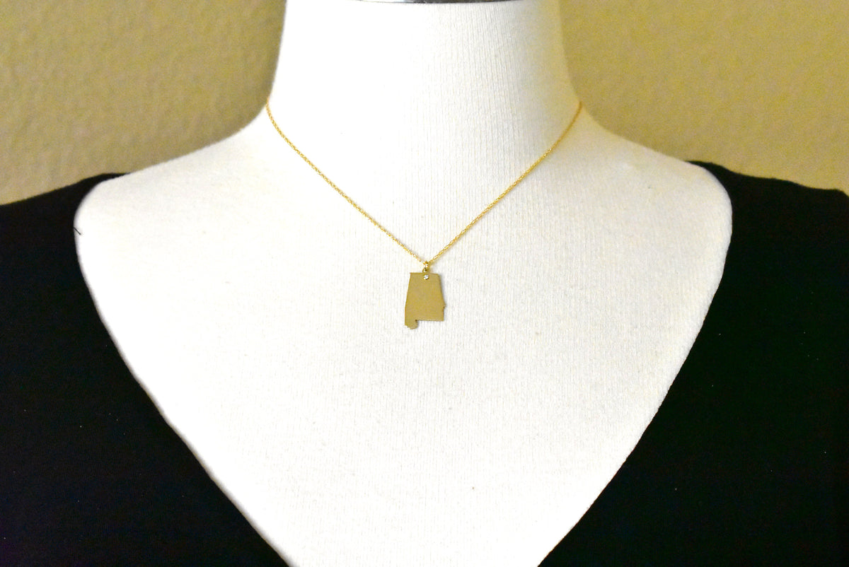 14k 10k yellow rose white gold diamond silver alabama al state map personalized city necklace