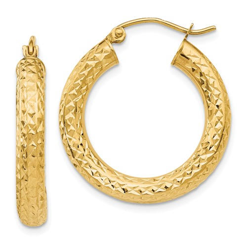 14k yellow gold diamond cut classic round hoop earrings 25mm x 4mm