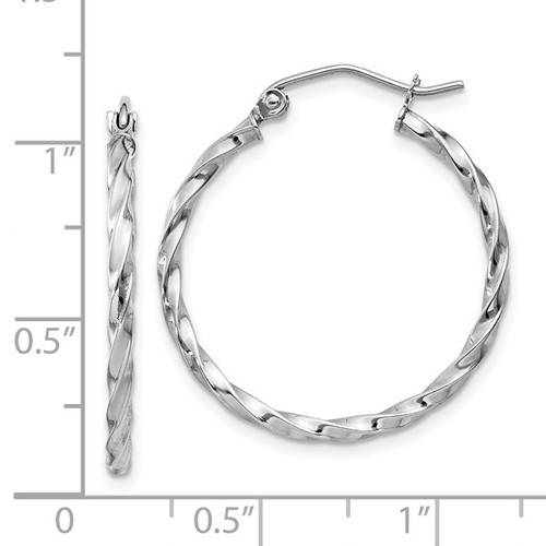 14k white gold twisted modern classic round hoop earrings 25mm x 2mm