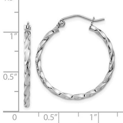 14k white gold twisted modern classic round hoop earrings 25mm x 2mm