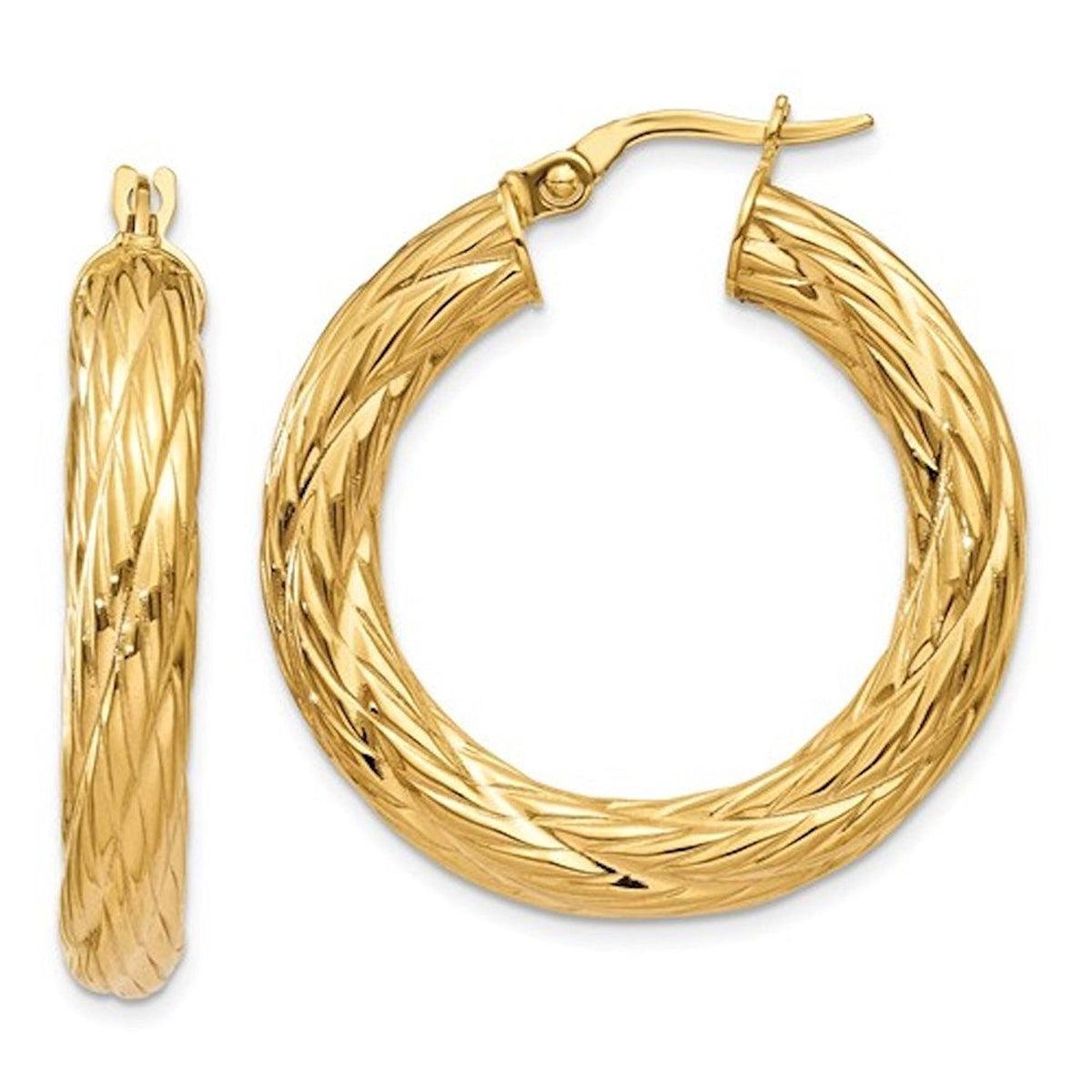 14k yellow gold textured round hoop earrings 30mm x 4.5mm