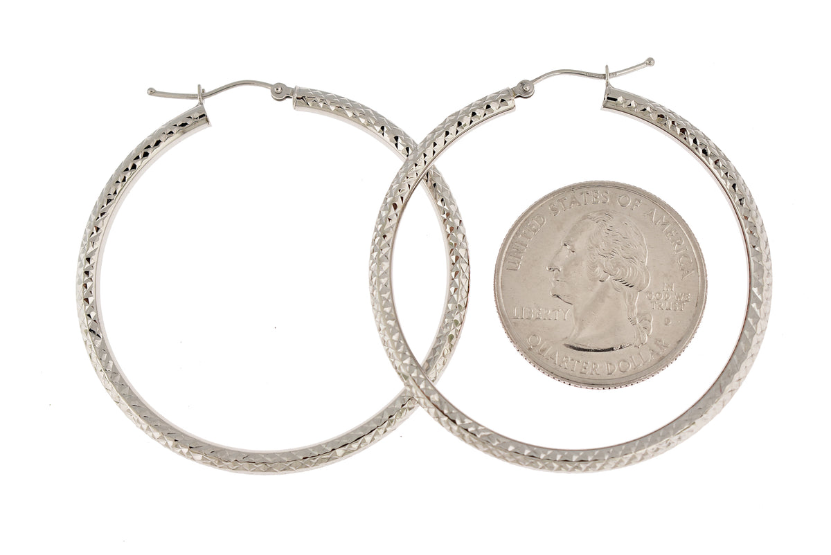14k white gold diamond cut classic round hoop textured earrings 44mm x 3mm