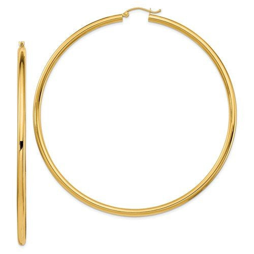 14k yellow gold 3 inch diameter extra large giant gigantic round classic hoop earrings lightweight 78mm x 3mm