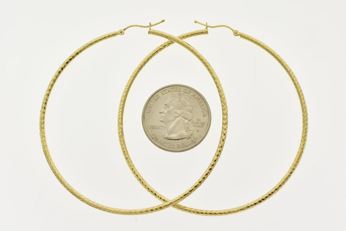 14k yellow gold diamond cut classic round hoop earrings 65mm x 2mm