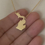 Load and play video in Gallery viewer, 14k Gold 10k Gold Silver Michigan MI State Map Necklace Heart Personalized City

