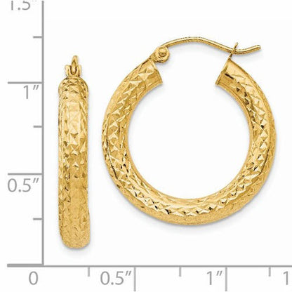 14k yellow gold diamond cut classic round hoop earrings 25mm x 4mm