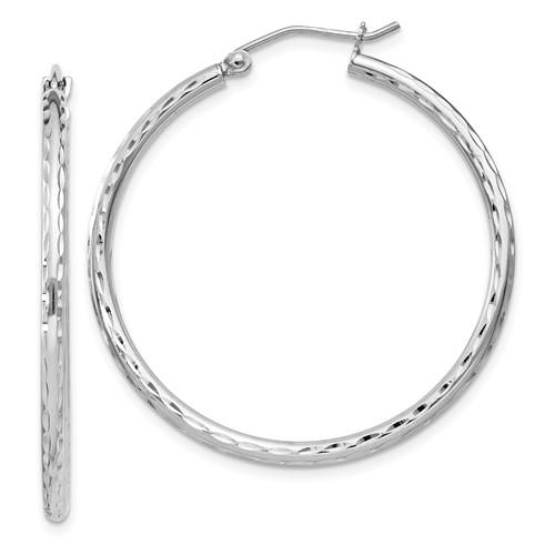 Sterling Silver Rhodium Plated Diamond Cut Classic Round Hoop Earrings 35mm x 2mm
