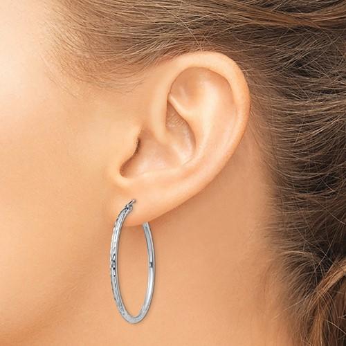 sterling silver rhodium plated diamond cut classic round hoop earrings 35mm x 2mm