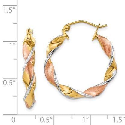 14k gold tri color twisted round hoop earrings