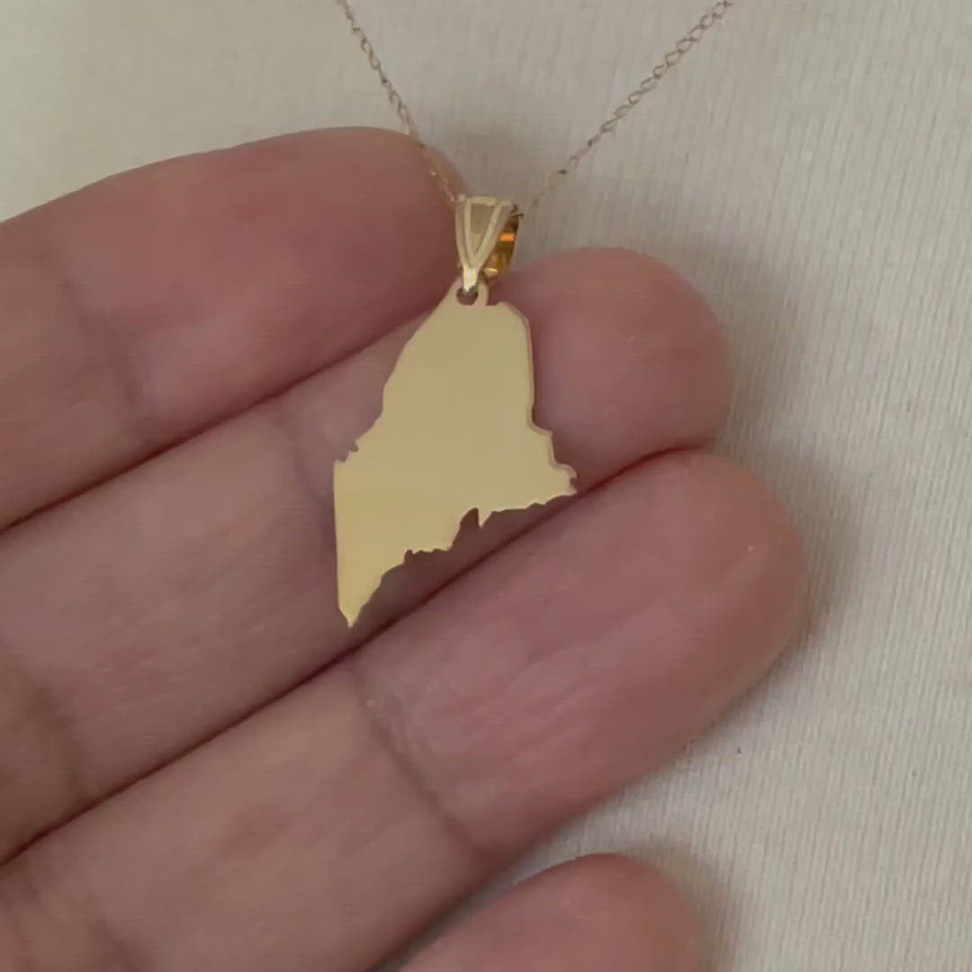 14K Gold or Sterling Silver Maine ME State Map Pendant Charm Personalized Monogram