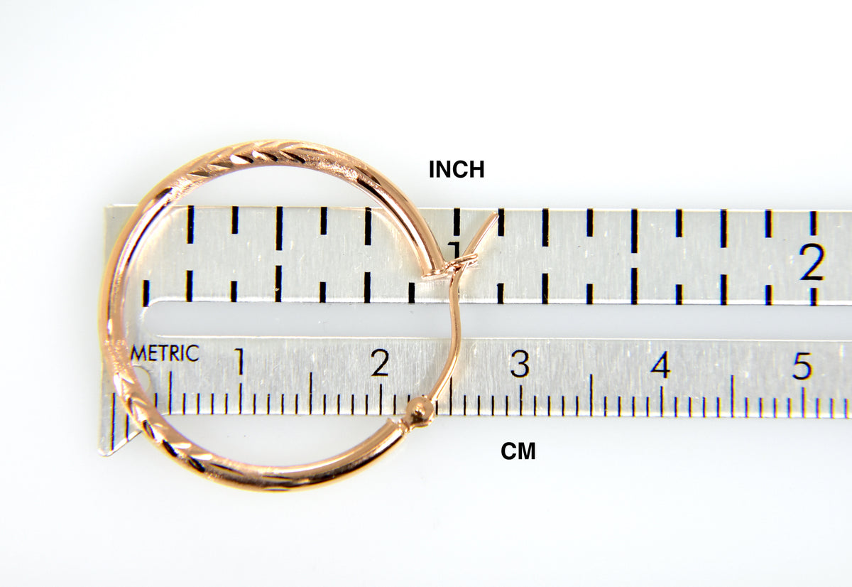 14k rose gold diamond cut classic round textured satin hoop earrings 25mm x 2mm
