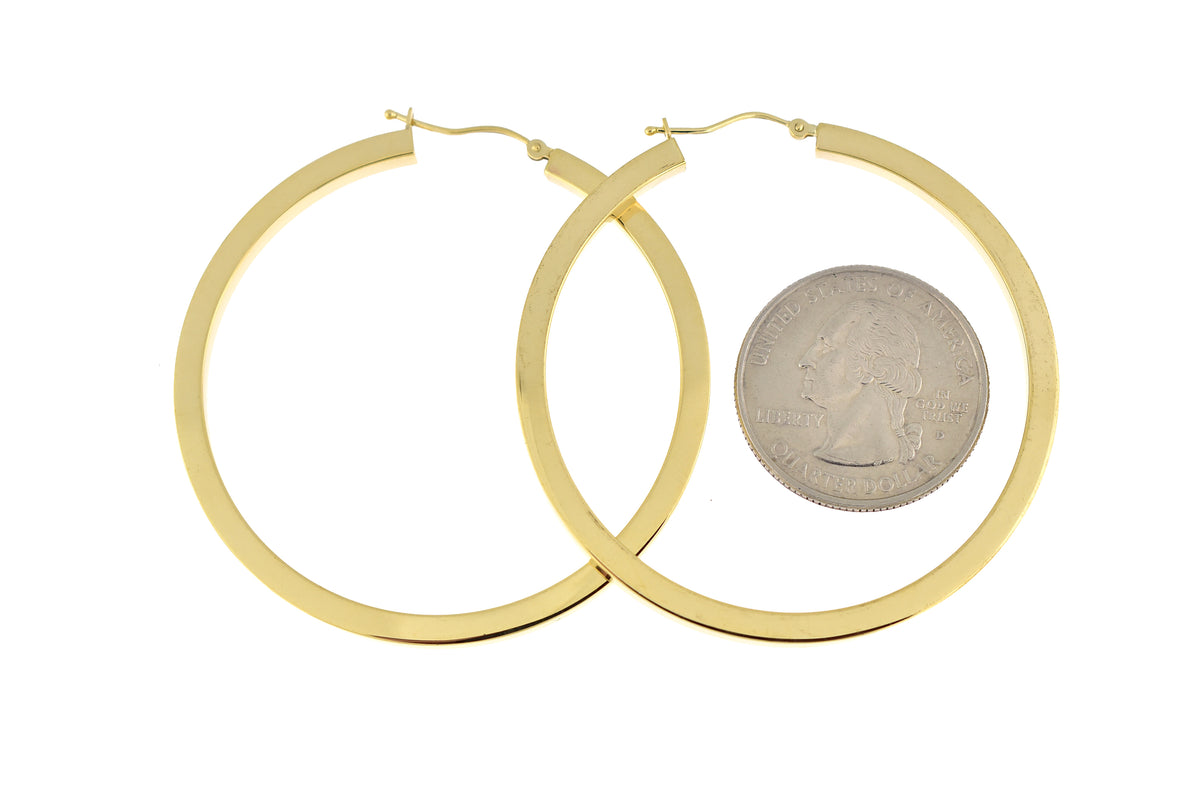 14k yellow gold square tube round hoop earrings 50mm x 3mm