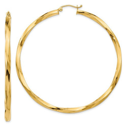 14k yellow gold twisted modern classic round hoop earrings 60mm x 3mm